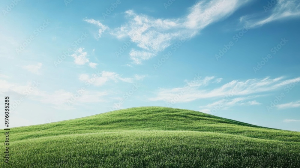 Naklejka premium Rolling green hill under a bright blue sky with white clouds.