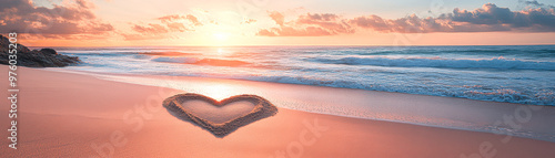 Romantic Valentine’s Day Sunrise on Beach with Heart Shape in Sand