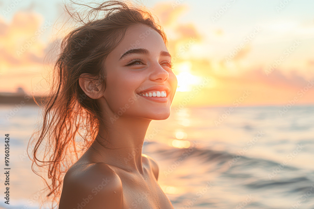 A woman with long hair is smiling at the camera while standing on a beach A woman with long hair is smiling at the camera while standing on a beach