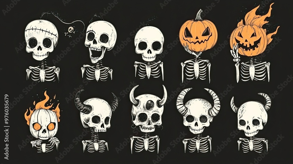 Set of 10 cute Halloween skeleton illustrations in different costumes and poses. Set of 10 cute Halloween skeleton illustrations in different costumes and poses.