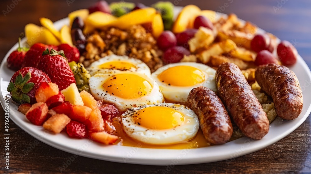 Breakfast Plate with Eggs, Sausage, and Fruit Breakfast Plate with Eggs, Sausage, and Fruit