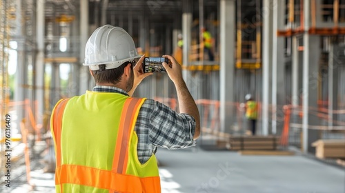 Engineer taking photos of construction progress during lunch break