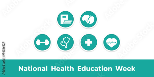 National Health Education Week. Books,  broccoli, apple, barbell, stethoscope and more. Great for cards, banners, posters, social media and more. White background.