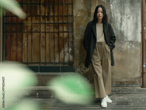 A young woman in a soft, eco-friendly outfit—sage green oversized shirt and wide-legged beige trousers. She accessorizes with a canvas tote and white chunky sneakers in a clean urban setting. photo