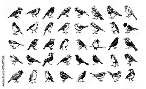 Tiny birds ink sketch vector collection. Wings beaks tailed tit sparrow chickadee starling swallow thrush plumage flying soaring wildlife woodland creatures illustrations isolated on white background