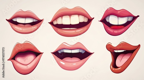 Six cartoon female lips with different expressions isolated on white background.