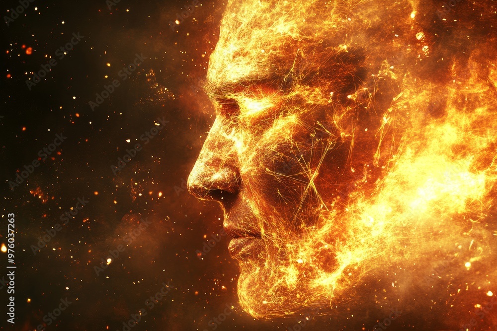 Fiery profile of a man dissolving into flames symbolizing passion transformation and the burning force of inner strength and self discovery Fiery profile of a man dissolving into flames symbolizing passion transformation and the burning force of inner strength and self discovery