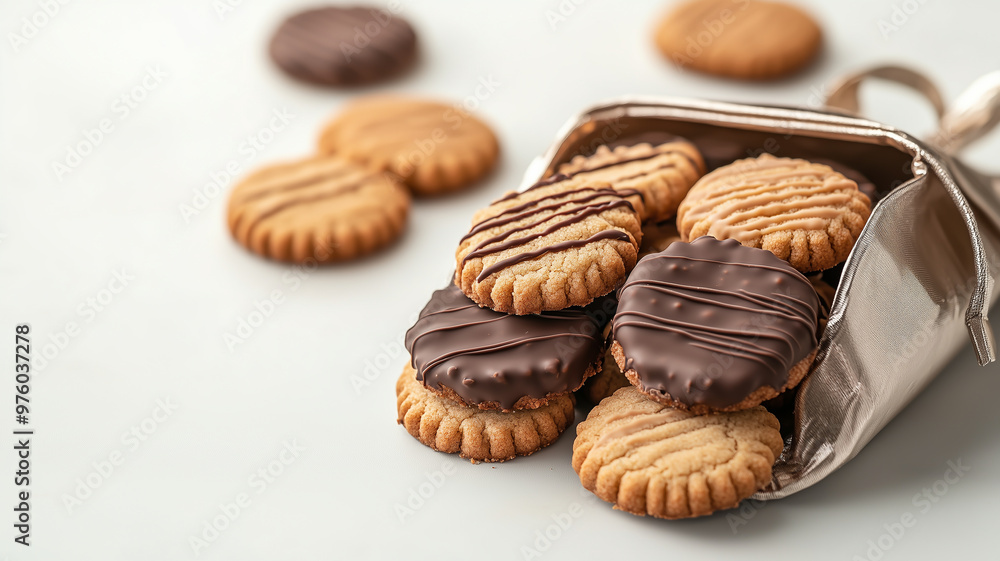 A close-up of chocolate-dipped cookies placed delicately in a luxurious gift bag, minimalist copy space surrounding the scene A close-up of chocolate-dipped cookies placed delicately in a luxurious gift bag, minimalist copy space surrounding the scene