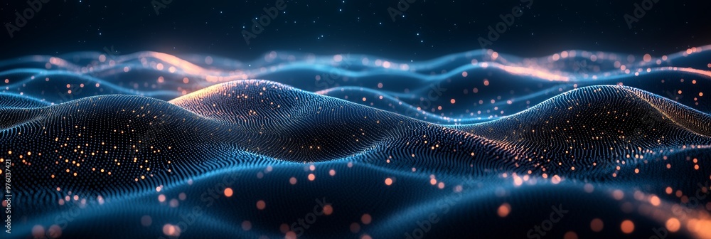 Obraz premium Abstract background with dark blue waves and glowing hexagons forming an interconnected network of lines