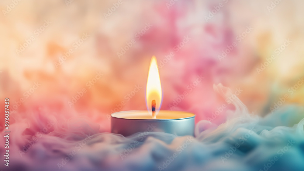 Close-up of a candle's wax melting under psychedelic lighting, colorful hues swirling around the flame, 4K studio shot, soft focus