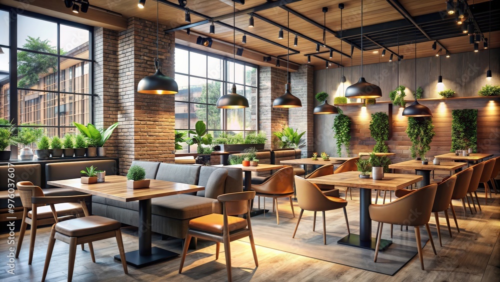 Obraz premium Restaurant cafe interior with modern design and cozy atmosphere, render, dining, cozy, interior, furniture, decor, modern