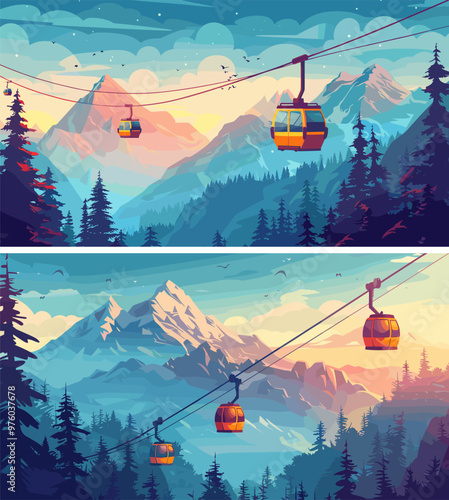 Tramway cabin cartoon vector scenes. Cable car hillside wire cliff mountains through peaks boulders trees forest horizon tourist transport attraction leisure concepts