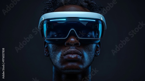 VR headset, technology. 3d render of the man, wearing virtual reality glasses on black background. VR games. You will also find a EPS 10 for this image in my portfolio. Thanks for watching photo