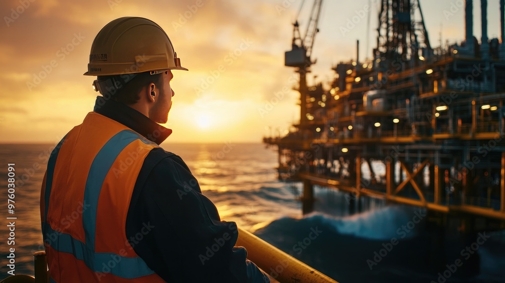 Offshore worker wearing safety gear on an oil rig platform, admiring a serene ocean sunset, reflecting on the sea’s golden horizon. Offshore worker wearing safety gear on an oil rig platform, admiring a serene ocean sunset, reflecting on the sea’s golden horizon.