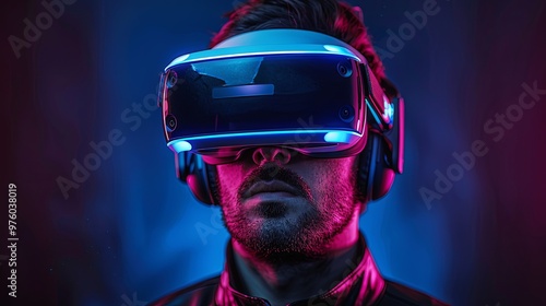 VR headset, technology. 3d render of the man, wearing virtual reality glasses on black background. VR games. You will also find a EPS 10 for this image in my portfolio. Thanks for watching photo