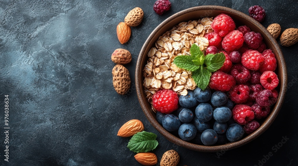 A bowl of oats topped with fresh berries and almonds. A bowl of oats topped with fresh berries and almonds.
