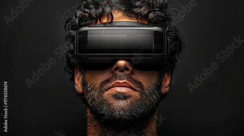 VR headset, technology. 3d render of the man, wearing virtual reality glasses on black background. VR games. You will also find a EPS 10 for this image in my portfolio. Thanks for watching photo