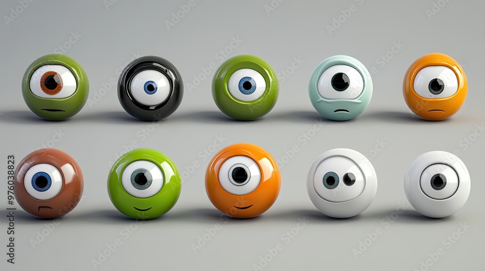 Ten cartoon eyeballs in different colors and expressions on a gray background. Ten cartoon eyeballs in different colors and expressions on a gray background.