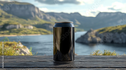 Fototapeta Naklejka Na Ścianę i Meble -  Black can on wooden surface, mountains & lake backdrop