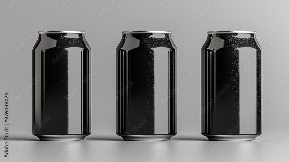 Three black aluminum cans on a gray background. Three black aluminum cans on a gray background.