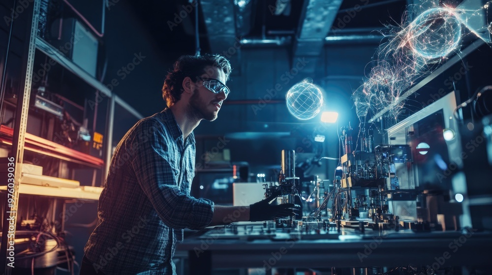 A scientist in glasses intensely observes an experiment in a high-tech laboratory, surrounded by advanced scientific equipment and blue lighting. A scientist in glasses intensely observes an experiment in a high-tech laboratory, surrounded by advanced scientific equipment and blue lighting.