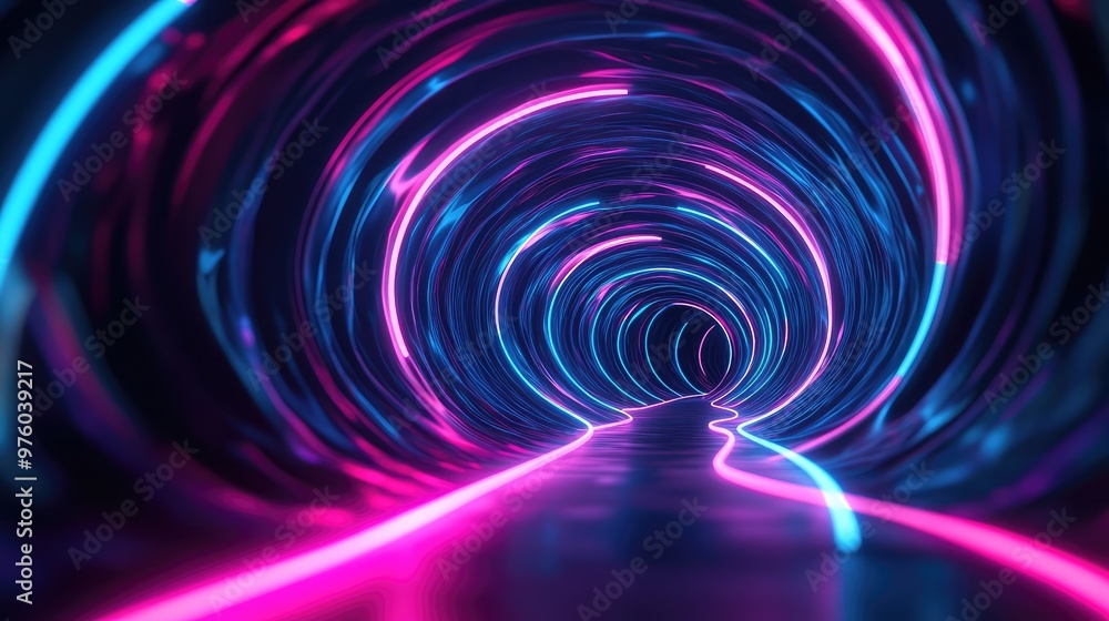 Pulsing neon spirals twisting through an empty, dark void, leaving trails of light. Pulsing neon spirals twisting through an empty, dark void, leaving trails of light.
