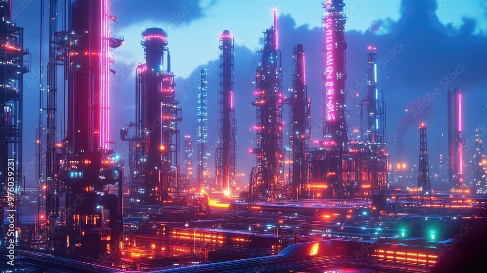Fototapeta premium A futuristic refinery or chemical plant illuminated by glowing red and neon lights, showcasing large industrial towers against a dark sky.