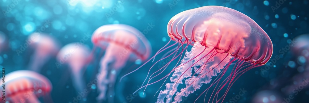Beautiful pink jellyfish in the ocean isolated on a blue background Beautiful pink jellyfish in the ocean isolated on a blue background