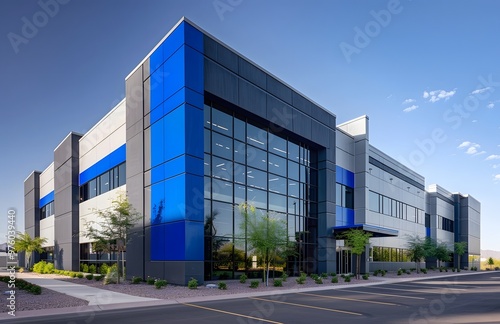 Modern Office Building Facade with Blue Accents and Parking Lot