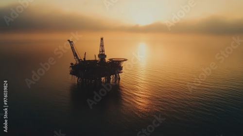 A dramatic view of an offshore oil rig silhouetted by the setting sun, with calm waters reflecting the golden light, highlighting the energy industry.
