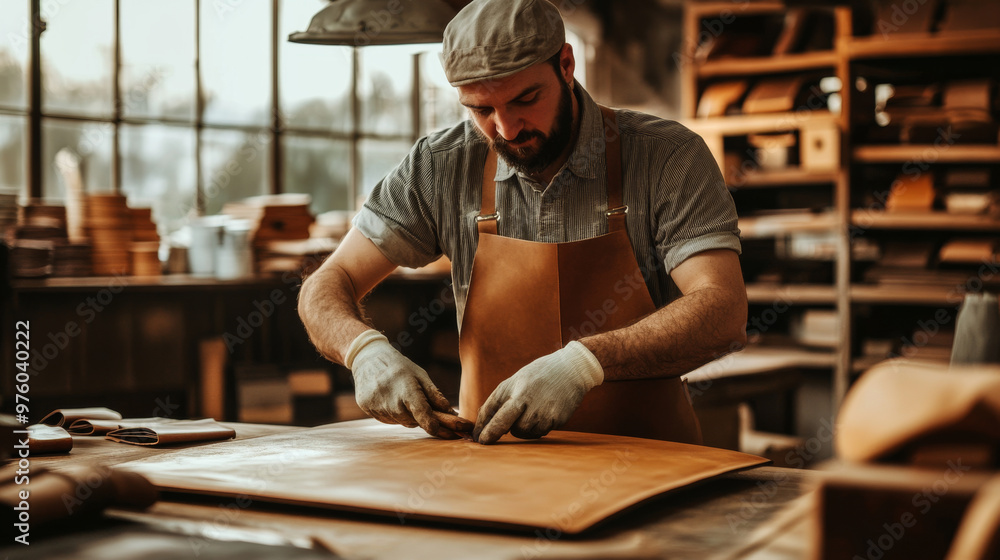 Artisanal industry setting with skilled artisans creating leather goods, using traditional techniques and high-quality materials Artisanal industry setting with skilled artisans creating leather goods, using traditional techniques and high-quality materials