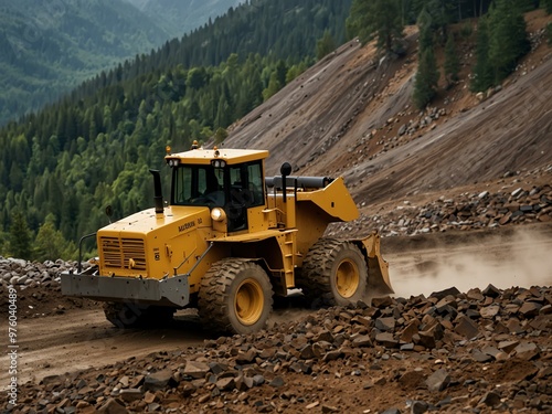 Bulldozer moving ore on a mountain.