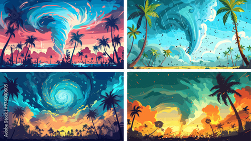 Typhoon cartoon vector scenes. Massive twister cyclone palms spirals tears uprooted trees violent tempest gust natural disaster tropical calamity event nature accident concepts