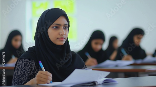 Young Arab girl in a hijab writes attentively in a classroom, focused on her work. Other students are visible in the background, creating a studious atmosphere