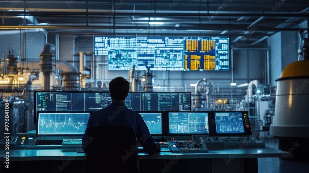 An engineer in a control room monitors a large industrial plant through multiple digital screens, overseeing operations and system diagnostics in a high-tech facility. An engineer in a control room monitors a large industrial plant through multiple digital screens, overseeing operations and system diagnostics in a high-tech facility.