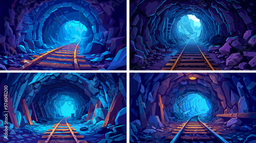 Underground tunnel cartoon vector scenes. Granite boulders shaft wooden beams excavation rail mine tracks gold prospecting diggers pit deserted vaults concepts