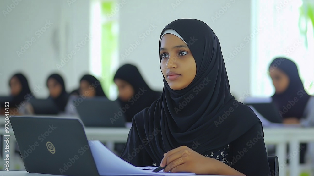 A young student in a hijab attentively studying in a classroom setting, working on a laptop with other students in the background, emphasizing education and technology A young student in a hijab attentively studying in a classroom setting, working on a laptop with other students in the background, emphasizing education and technology
