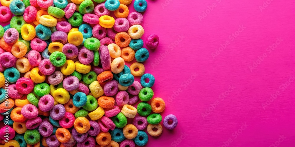 Vibrant and colorful cereal pieces on a bright pink background, colorful, vibrant, cereal, breakfast, food, confetti, bright, pink Vibrant and colorful cereal pieces on a bright pink background, colorful, vibrant, cereal, breakfast, food, confetti, bright, pink