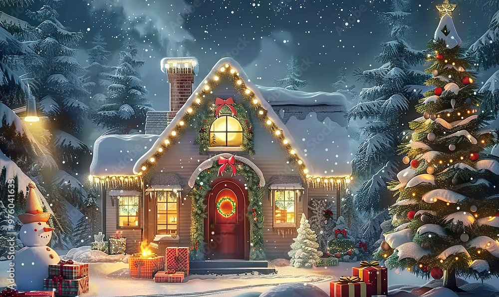 Fototapeta premium A snow-covered house with a red door and a snowman standing in front of it. The house is decorated with Christmas lights and a Christmas tree