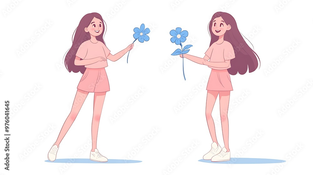 Happy Girl Holding Blue Flower in Hand-Drawn Style Full-Body Portrait Illustration on White Background