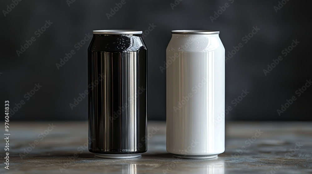 Two aluminum cans, one black and one white, on a table. Two aluminum cans, one black and one white, on a table.