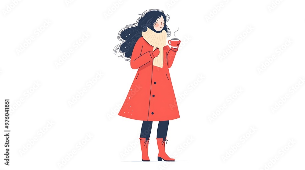 Cozy Winter Vibes - Hand-Drawn Illustration of Girl in Red Coat with Hot Cocoa and Winter Boots on White Background Cozy Winter Vibes - Hand-Drawn Illustration of Girl in Red Coat with Hot Cocoa and Winter Boots on White Background