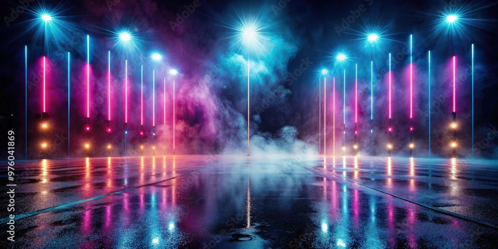 Dark street reflection on wet asphalt with rays of neon light, neon shapes, and smoke creating an abstract Dark street reflection on wet asphalt with rays of neon light, neon shapes, and smoke creating an abstract