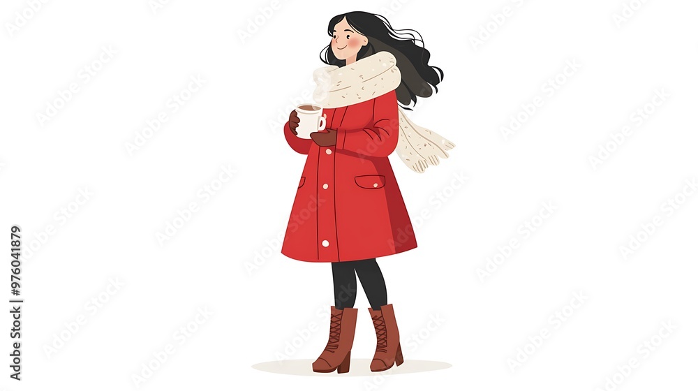Cozy Winter Girl: Hand-Drawn Illustration of a Girl in Red Coat and Winter Boots Holding Hot Cocoa Cup in Simple Flat Design Style Cozy Winter Girl: Hand-Drawn Illustration of a Girl in Red Coat and Winter Boots Holding Hot Cocoa Cup in Simple Flat Design Style
