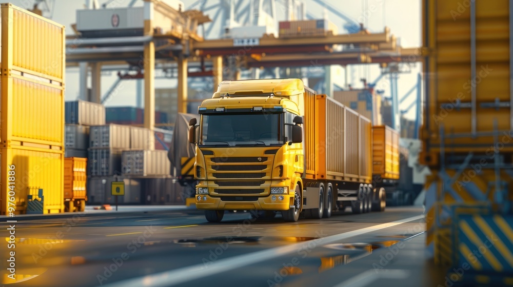 Naklejka premium A large yellow truck transports shipping containers through a busy industrial port, surrounded by stacks of containers and cranes. The scene highlights logistics and global trade.