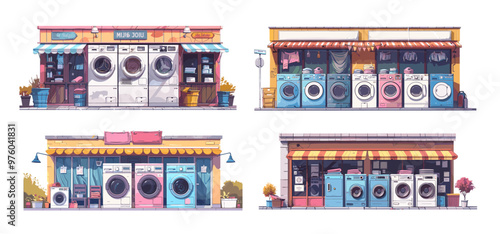 Urban laundromat cartoon vector collection. Washing machines dryers detergents soaps fabric care garments textile bundles appliances booths stores, self service cleaning maintenance isolated artworks