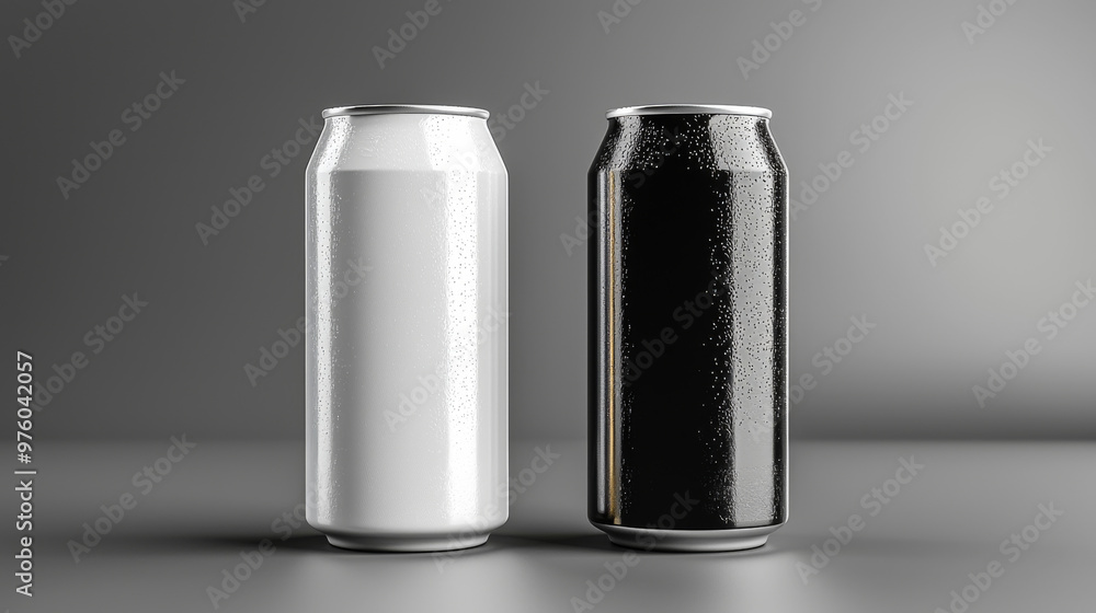 Two aluminum cans, one white and one black, against a gray background. Two aluminum cans, one white and one black, against a gray background.