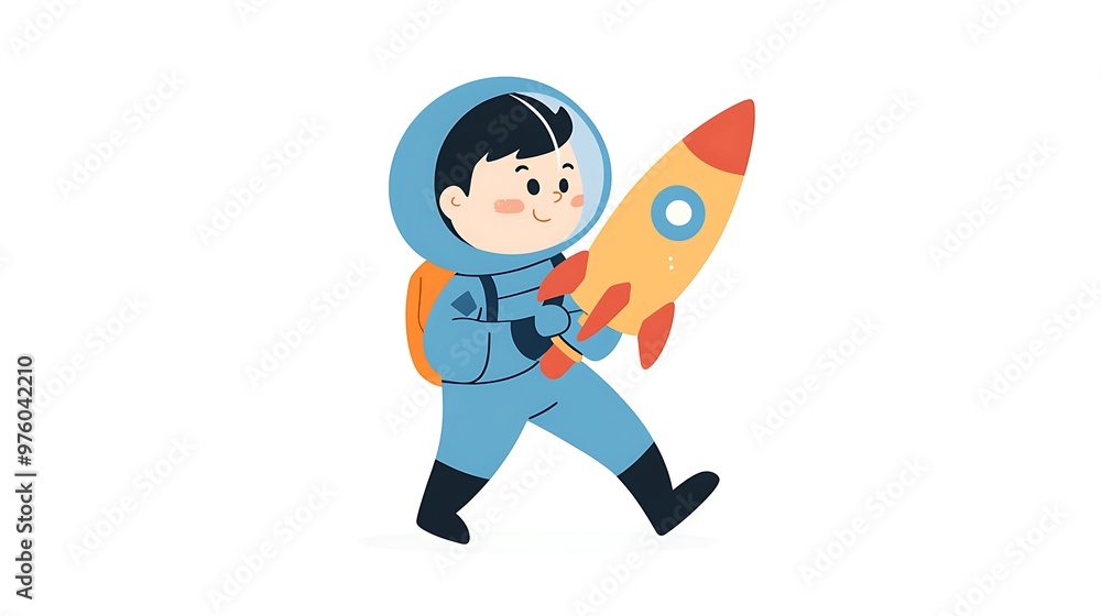 Dreaming of Space: Young Boy in Blue Astronaut Suit Holding Toy Rocket in Hand-Drawn Illustration Dreaming of Space: Young Boy in Blue Astronaut Suit Holding Toy Rocket in Hand-Drawn Illustration