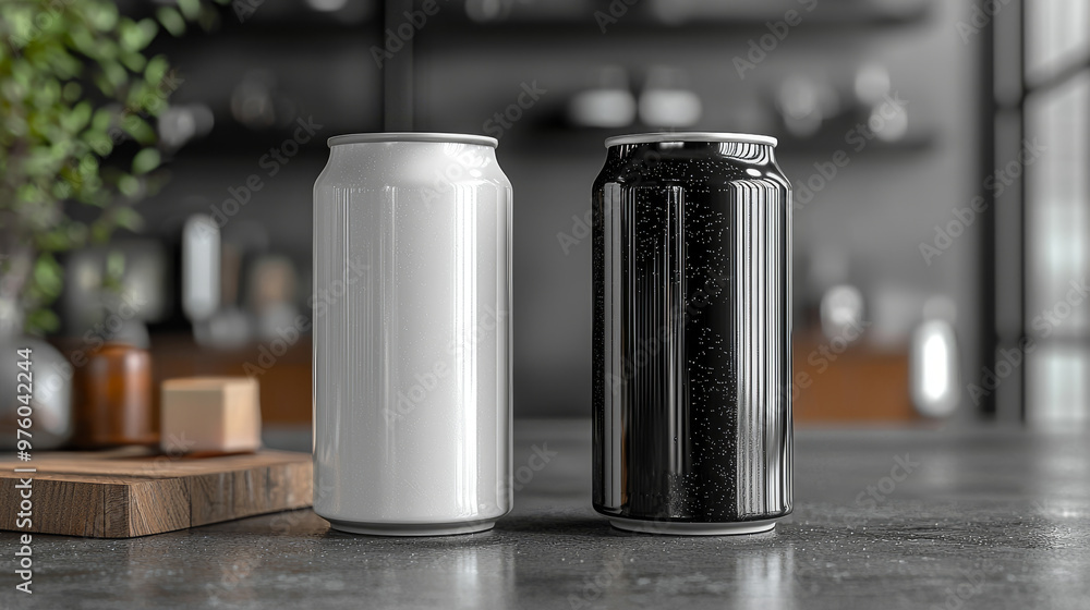 Two aluminum cans, one white and one black, sit on a countertop. Two aluminum cans, one white and one black, sit on a countertop.