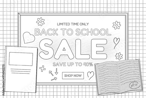 A fun black-and-white sale promotion featuring notebooks and signs. Perfect for back-to-school themed coloring books and activities.